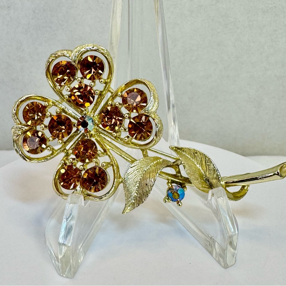 Vintage Lisner Gold Tone Floral Brooch with Amber Rhinestones - A Lucky Clover